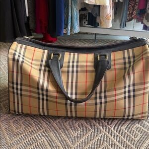 Burberry Beige Plaid Duffel with Black Trim and Red Accents